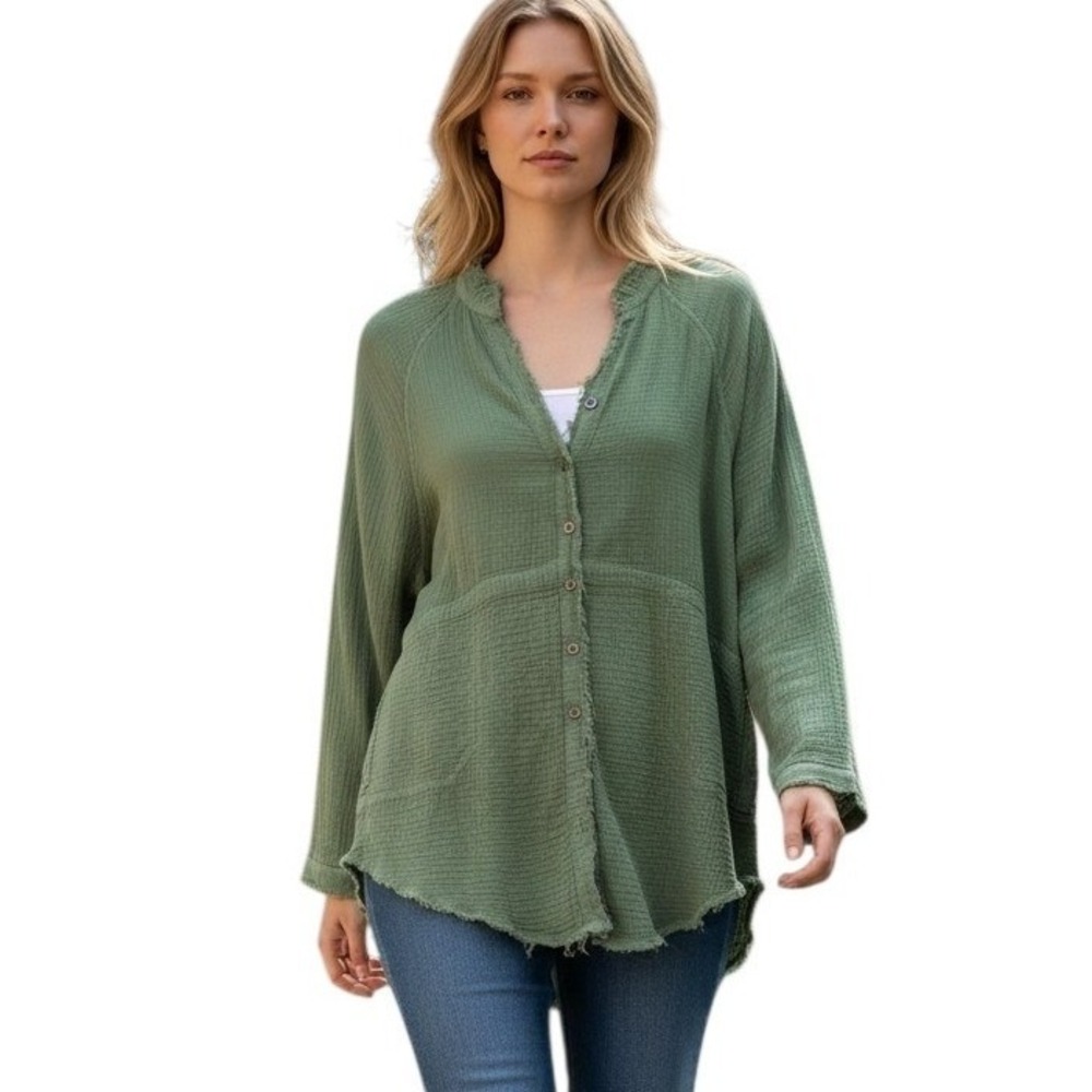 We The Free Summer Daydream Womens size XS‎ Button Down Gauzy Distressed Raw Top